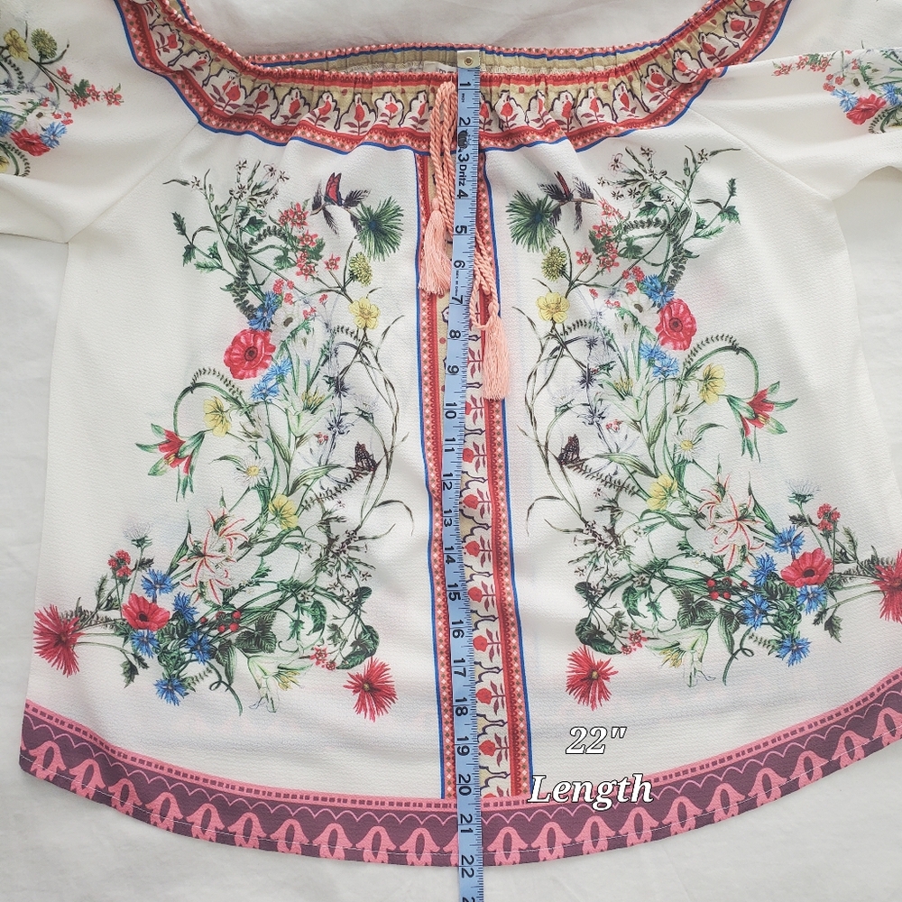 Umgee Floral Off Shoulder Top Blouse Womens Large Boho Peasant Bell Sleeve - Picture 10 of 11
